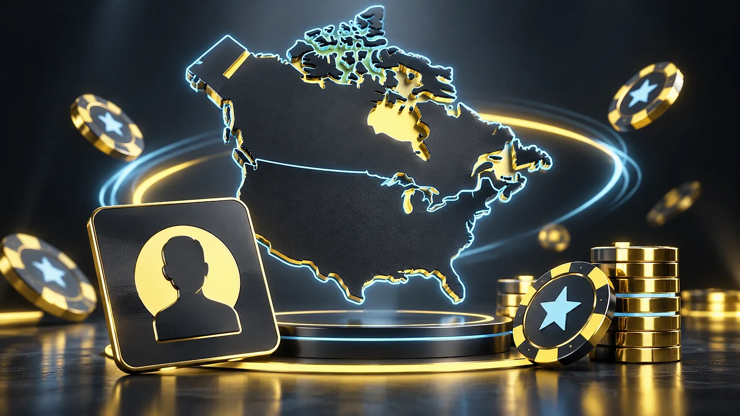 Stylized map of the United States and Canada beside an adult silhouette card and casino chips.