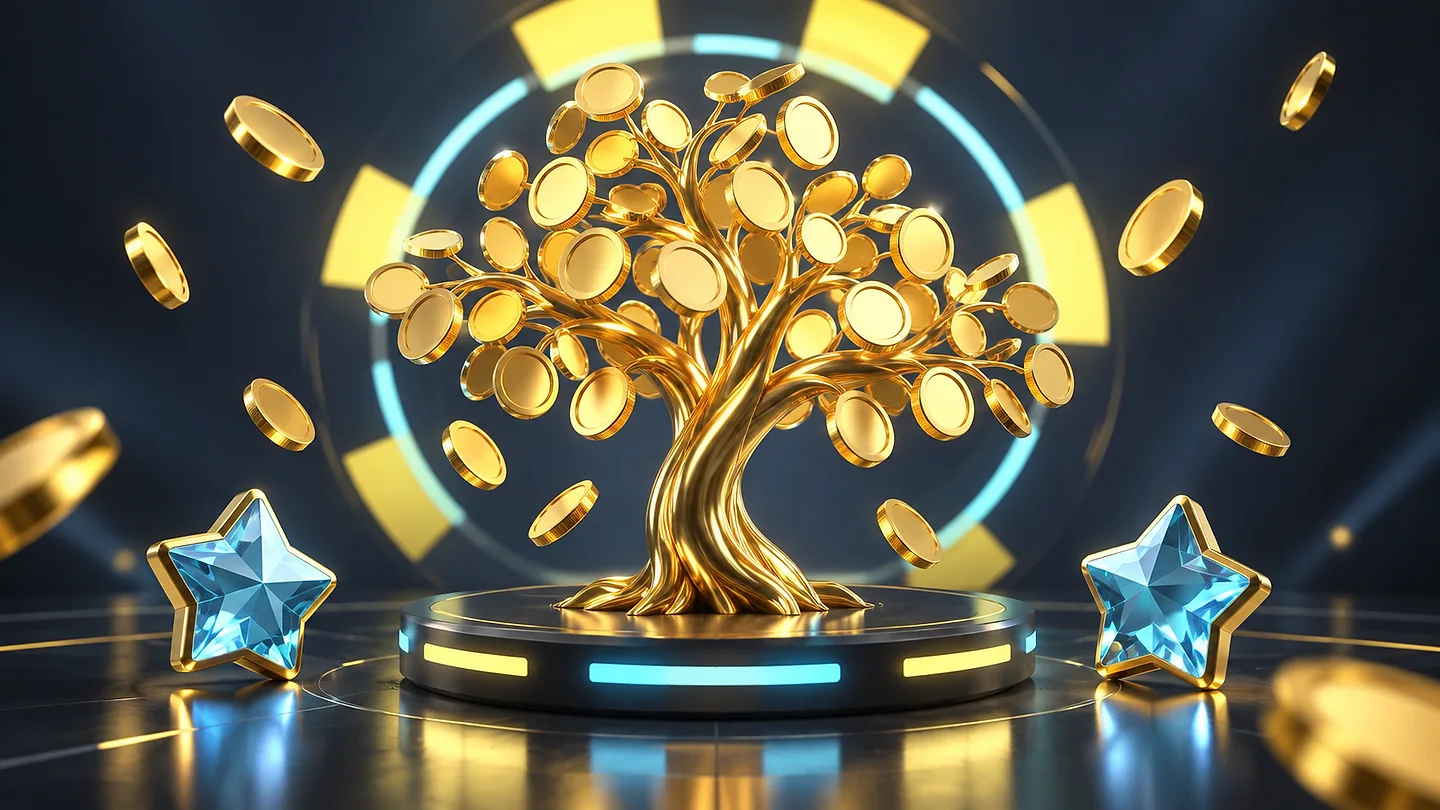 Golden tree with coin-shaped leaves and blue crystal stars on a dark platform.
