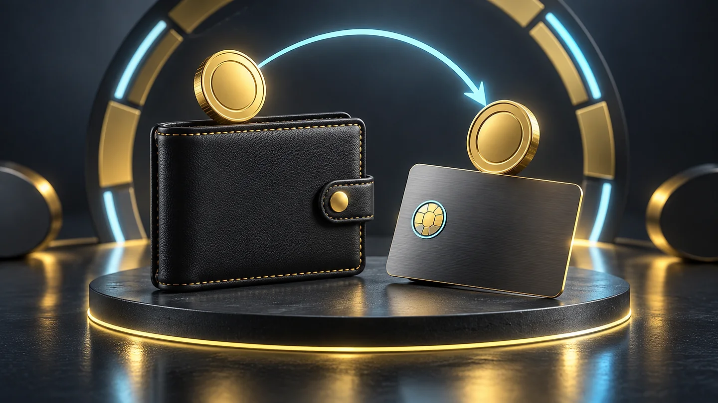 Black wallet and blank metallic card beneath two gold tokens linked by a blue arrow.